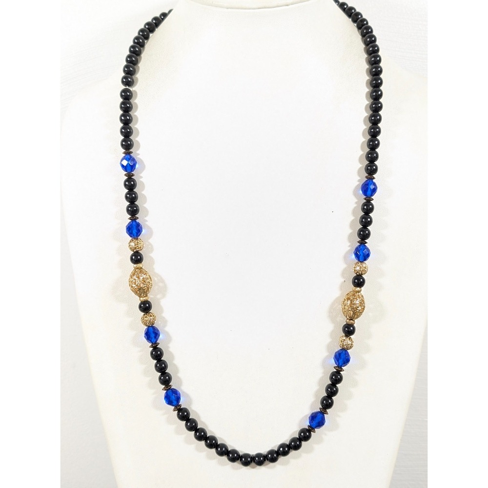 Vintage 1928 Jewelry Co. Cobalt Blue Glass Filigree Ball Beaded Necklace 30"